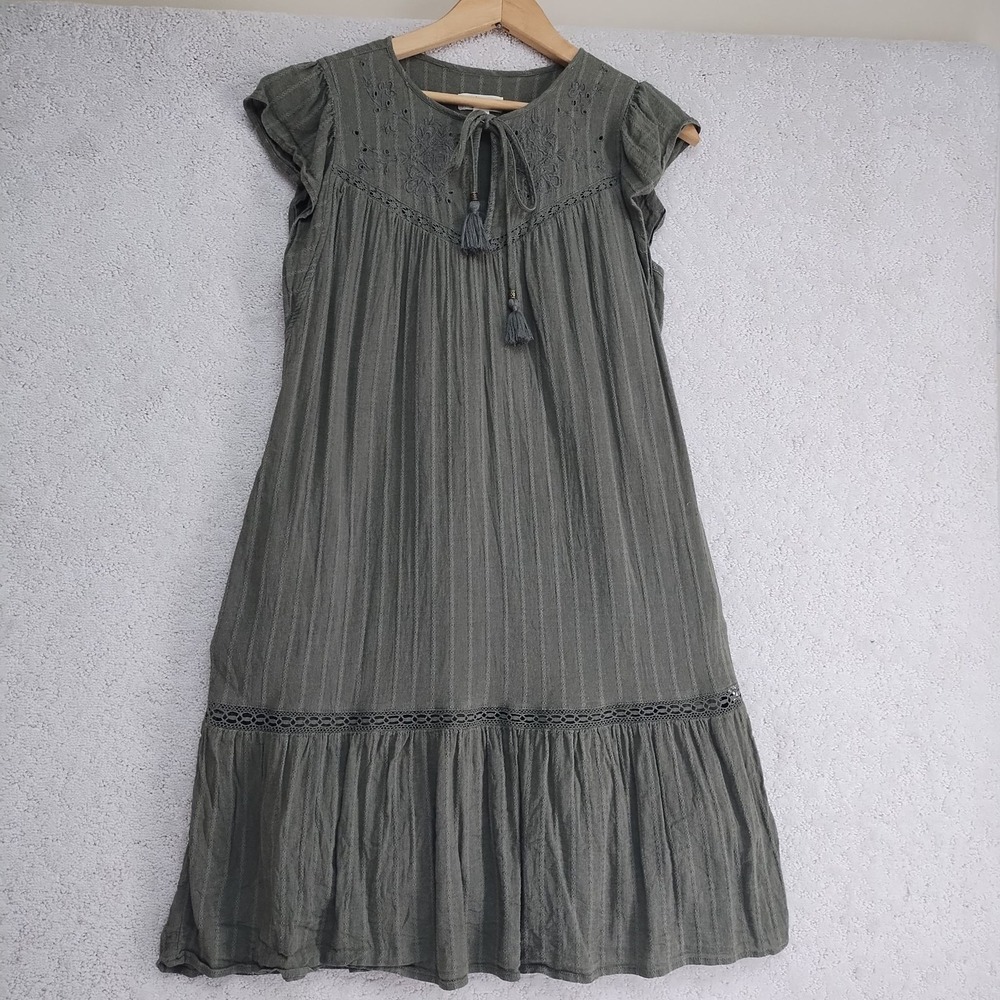 Style & Co Dress Womens S Olive Embroidered Tassel Peasant Midi Boho LaceTrim